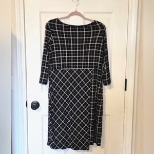 J. Jill Wearever Black White Windowpane 3/4 Sleeve Faux Wrap Midi Dress S